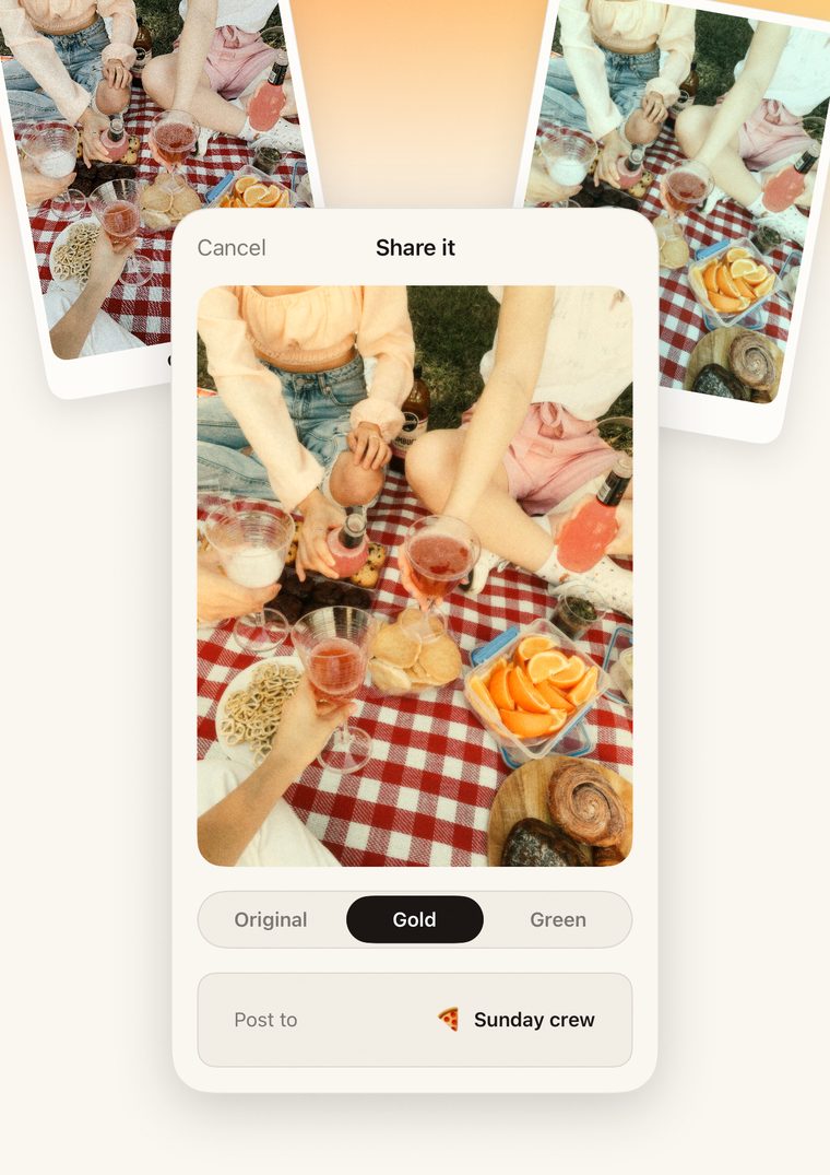 The same picnic photo in Original, Gold and Green, with Gold picked in the share screen.